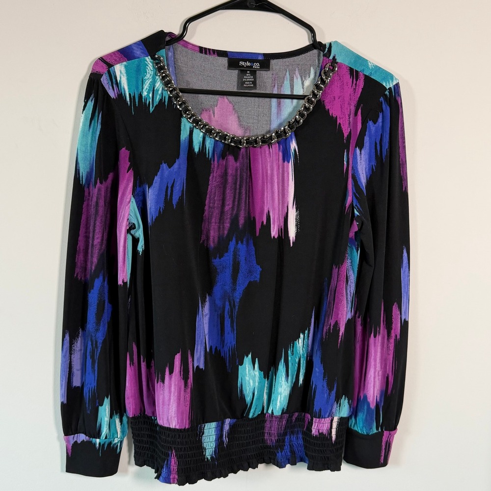 Style & Co Abstract Print Chain Neck Smocked Blouse Black Purple PM Indie Edgy
